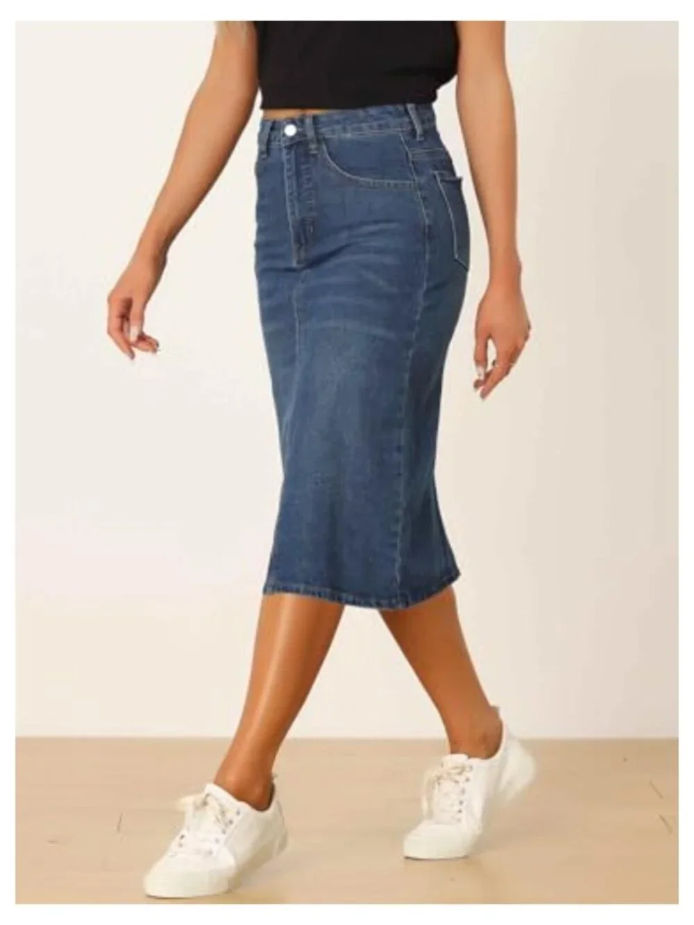 High Waist Midi Denim Skirt Stretchy Jean Skirt with Pockets and Back Split